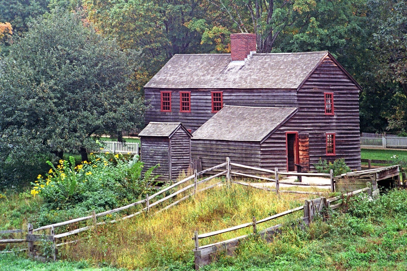 Rustic farmhouse surrounded by lush greenery