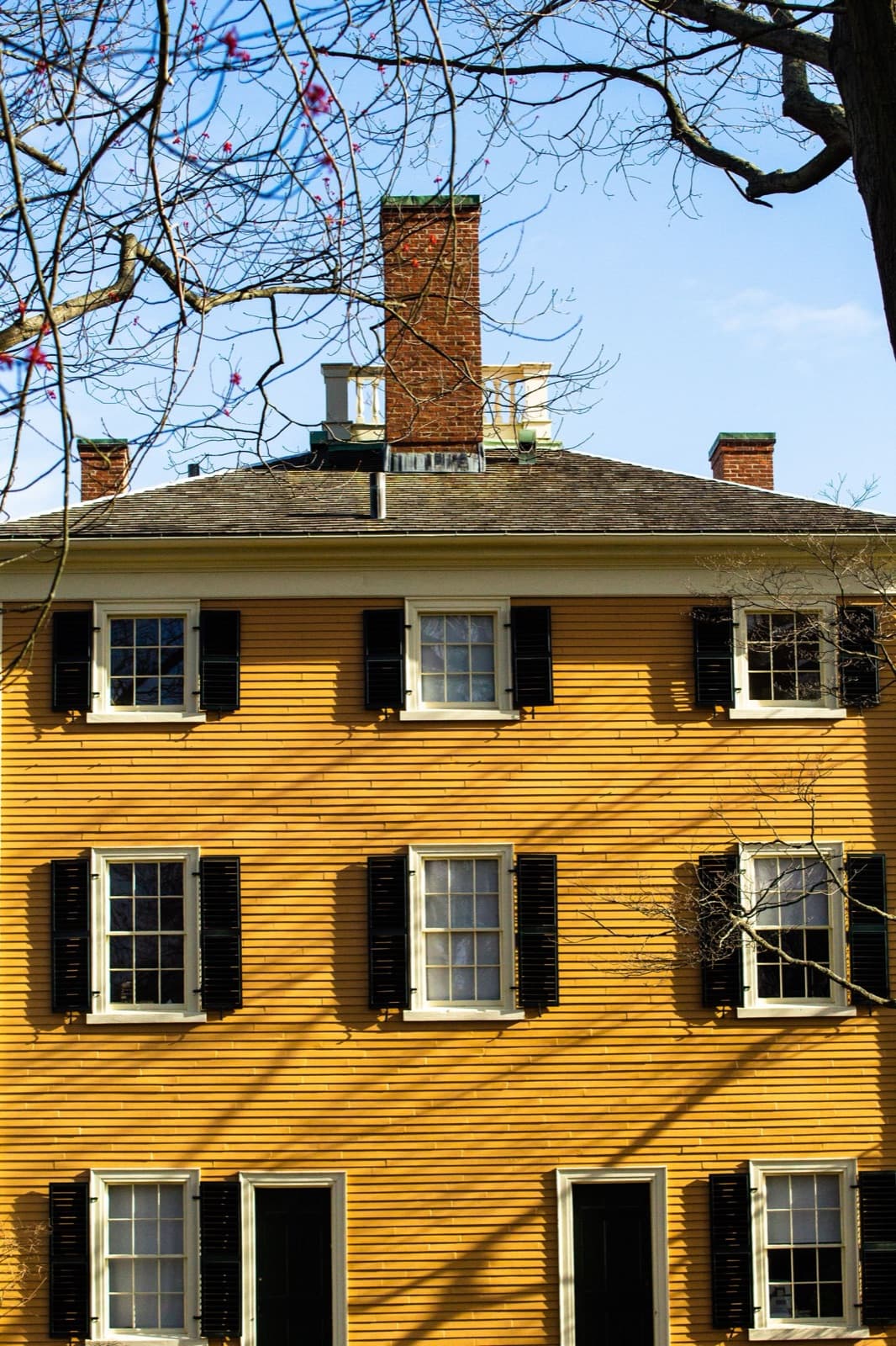Federal style yellow house with black shutters and fall trees