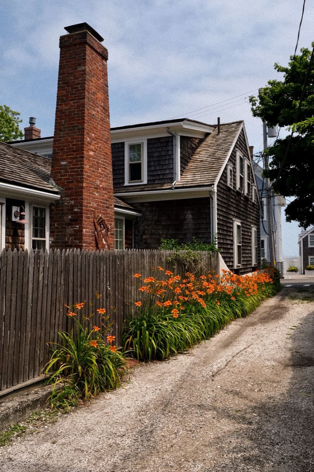 Historic New England house with summer flowers and a chimney