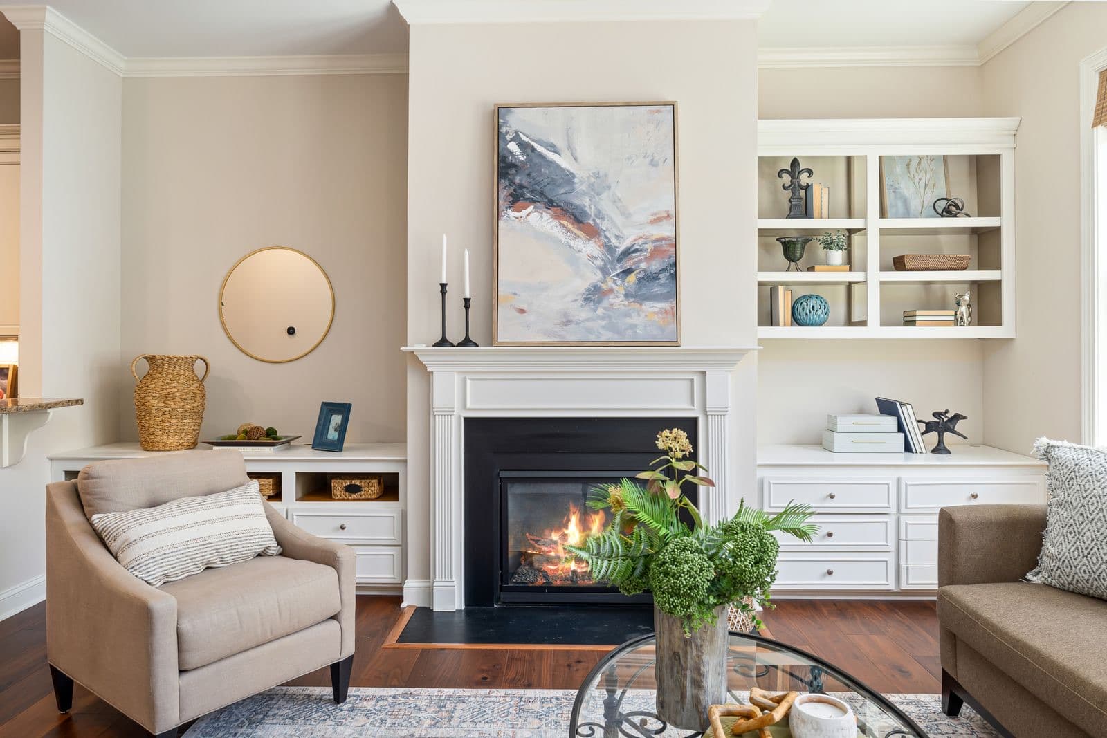 Elegant living room featuring a modern fireplace