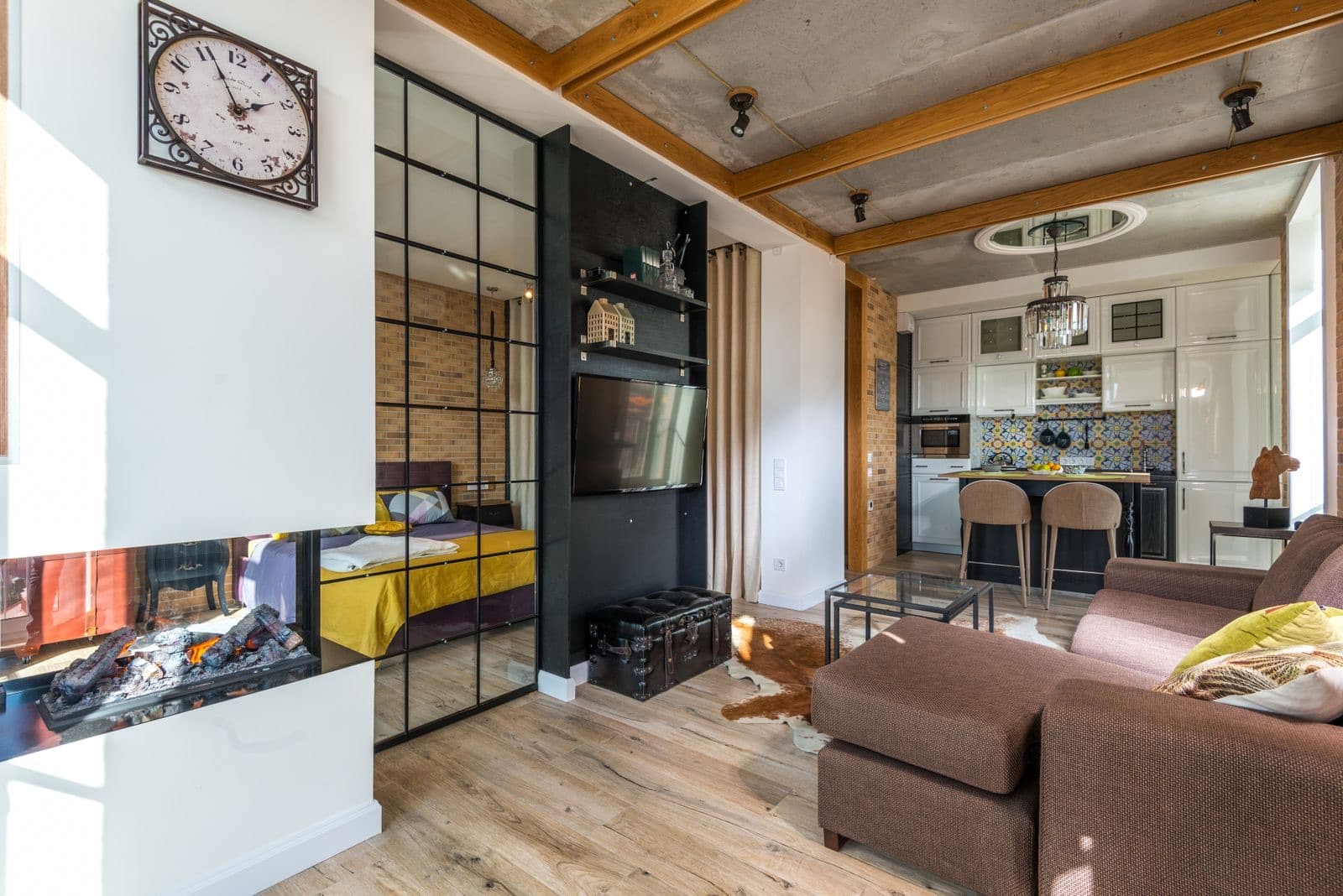 Bright modern living space with a fireplace