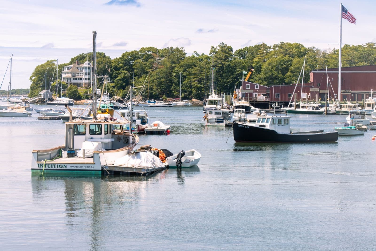 Colorful boats anchored at a peaceful coastal marina