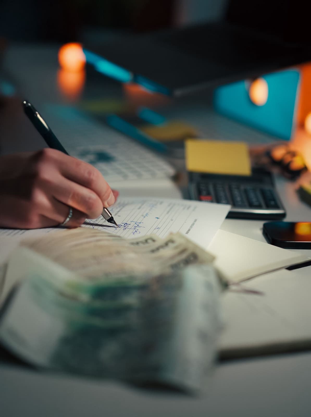 Close-up of a hand writing on financial documents with a calculator