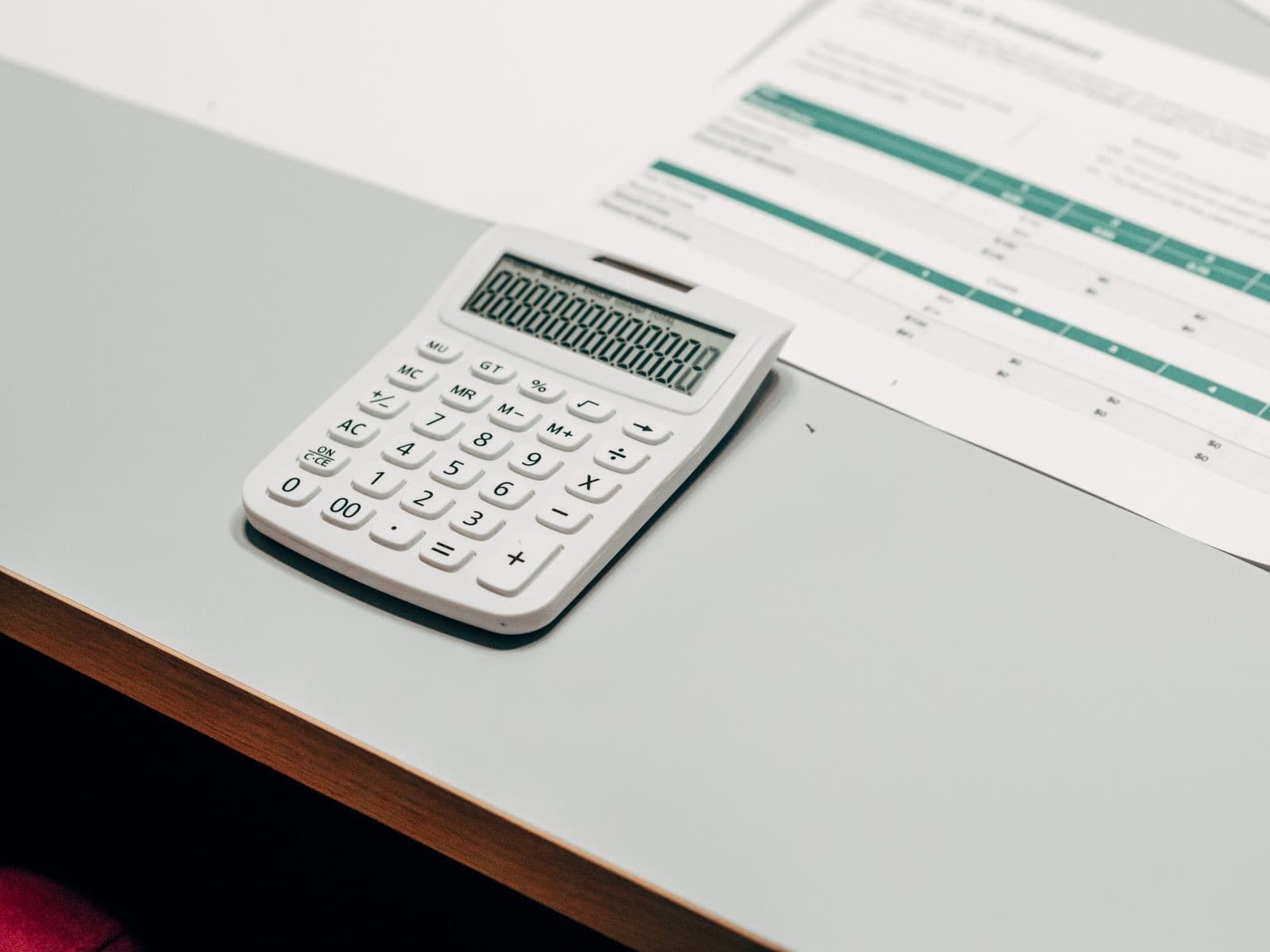 Close-up of a calculator next to a financial spreadsheet