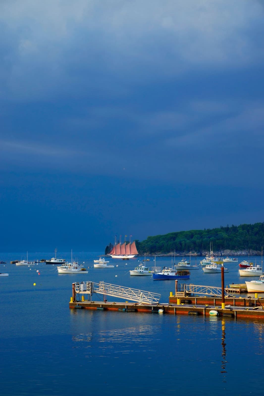 A harbor scene with a tall ship and lobster boats moored near the dock